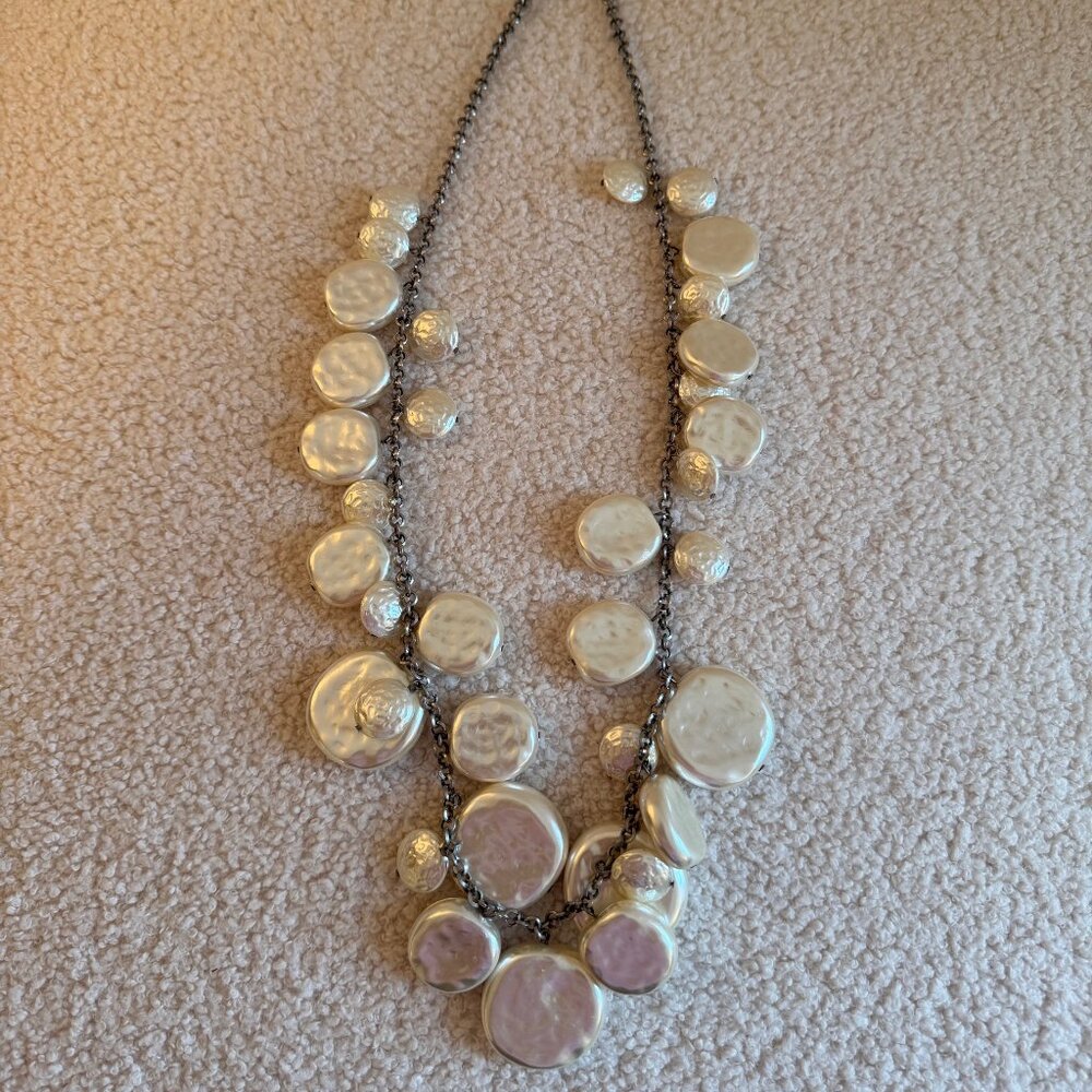 Club Monaco Silver Tone Faux Mother Of Pearl Disc Statement Charm Necklace